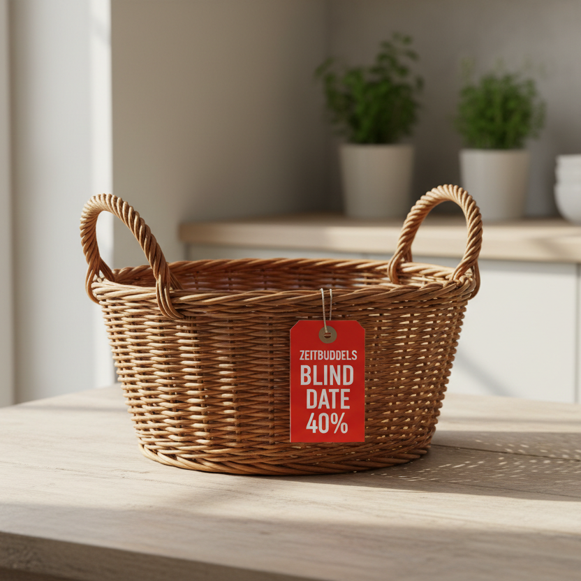 Ein leerer, geflochtener Einkaufskorb steht auf dem Küchentisch aus Holz. Die Umgebung it freundlich und hell. Am Handgriff des Korbs hängt ein roter Anhänger mit dem Wort "ZEITBUDDELS BLIND DATE 40%"