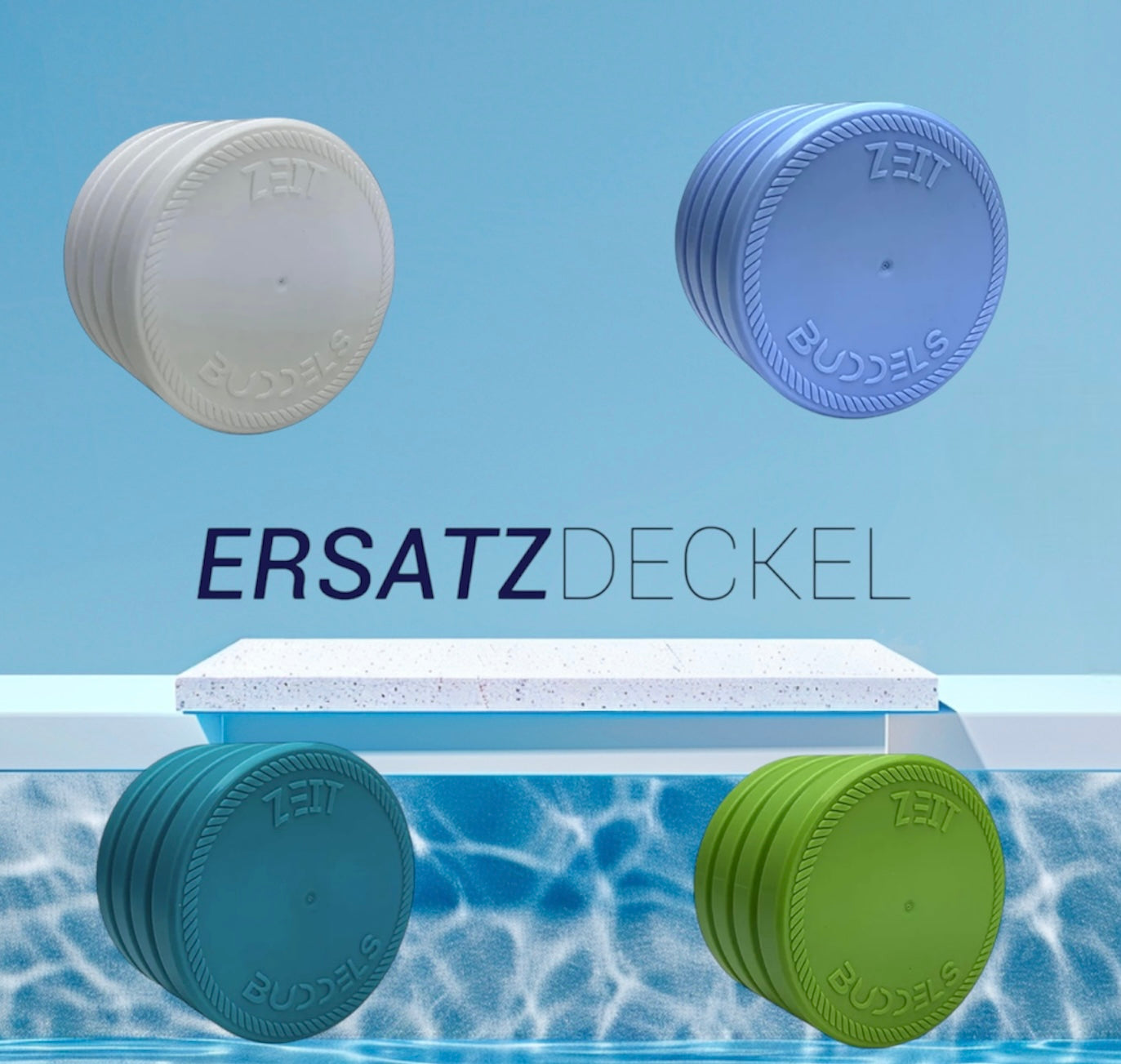 4 bunte Deckel vor Swimmingpoolhintergung