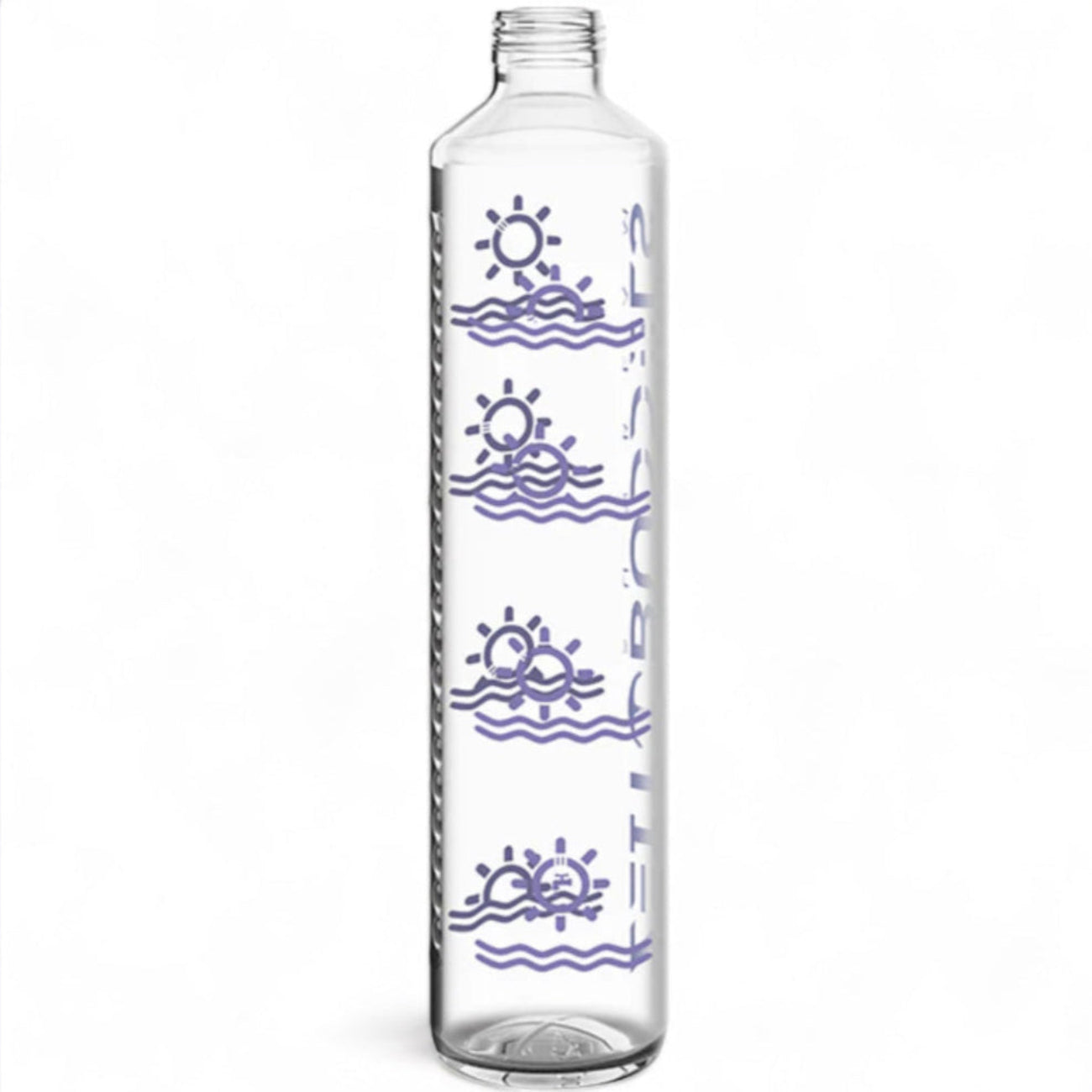 Ersatzflasche 1000ml Sunbeam mit Sonnensymbolen in violetten Druck. Im Rand jeder Sonnen befinden sich kleine Striche, die als Uhrzeit abgelesen werden können. Ohne Zubehör. 